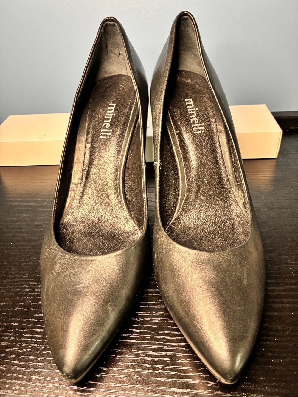 Minelli Black Leather Pointed-Toe Pumps (Spain)